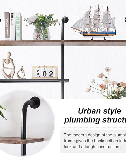 HOMISSUE Industrial Bookshelf 6-Tier Open Wall Mount Ladder Bookshelf, Modern Bookcase with Metal Frame and Wood Style for Home Office, Wall Mounted industrial Iron Pipe Shelf, Brown - LeafyLoom