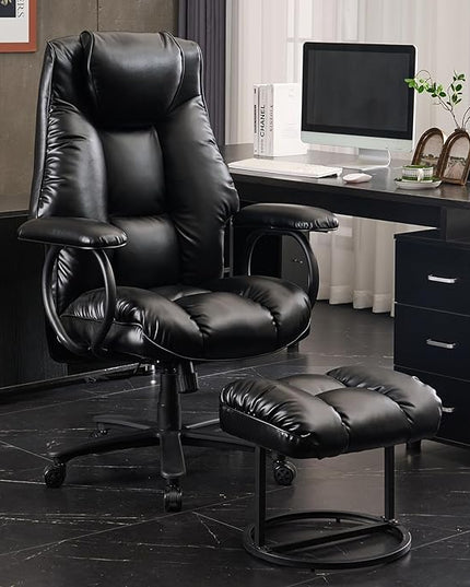 Office Chair Big and Tall, Ergonomic Office Chair 400lbs, Office Desk Chair with Ottoman, High Back Executive Office Chair, Adjustable Home Office Chair, Computer Chair PU Leather (Black) - LeafyLoom
