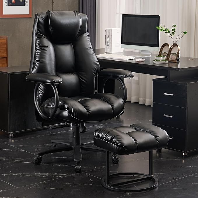 Office Chair Big and Tall, Ergonomic Office Chair 400lbs, Office Desk Chair with Ottoman, High Back Executive Office Chair, Adjustable Home Office Chair, Computer Chair PU Leather (Black) - LeafyLoom