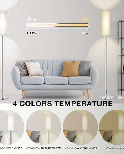 Floor Lamp for Living Room Bedroom, Modern Floor Lamp with Remote,Stepless Dimmable 12W Bulb Included,Nickel Pole and Beige Linen lampshade - LeafyLoom