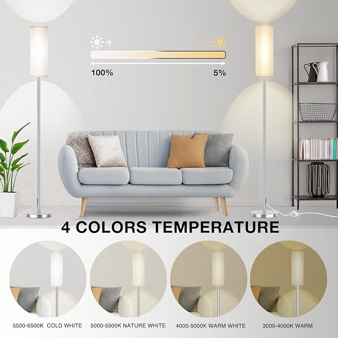 Floor Lamp for Living Room Bedroom, Modern Floor Lamp with Remote,Stepless Dimmable 12W Bulb Included,Nickel Pole and Beige Linen lampshade - LeafyLoom