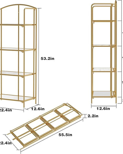 No Assembly Folding Bookshelf, 4 Tier Gold Bookshelf, Metal Book Shelf for Storage, Folding Bookcase for Office Organization and Storage, 12.6" D x 22.44" W x 55.51" H - LeafyLoom