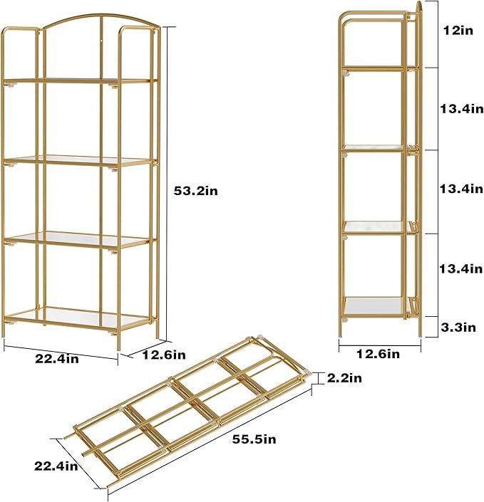 No Assembly Folding Bookshelf, 4 Tier Gold Bookshelf, Metal Book Shelf for Storage, Folding Bookcase for Office Organization and Storage, 12.6" D x 22.44" W x 55.51" H - LeafyLoom