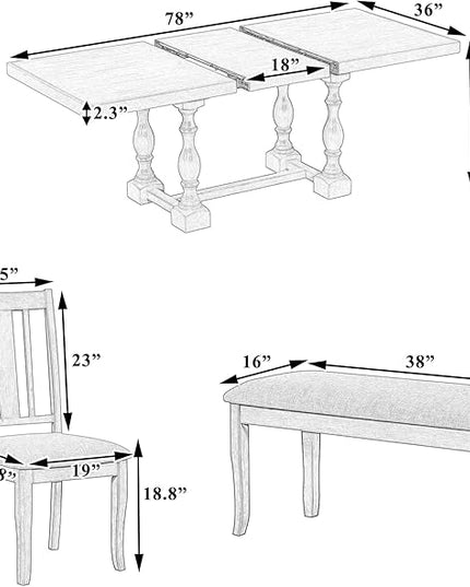 Merax 6-Piece Dining Set with 78inch Trestle Extendable Rectangular Table and 18inch Removable Leaf, Including 4 Padded Chairs & Linen Upholstered Bench for Living Room, Kitchen,Natural - LeafyLoom