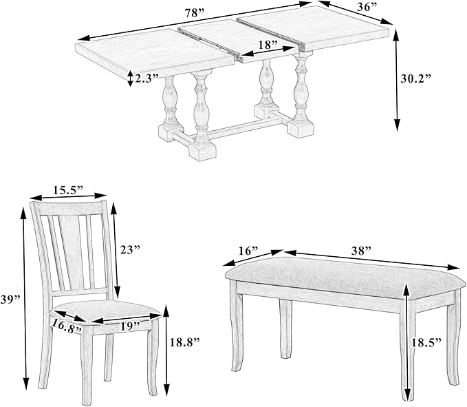 Merax 6-Piece Dining Set with 78inch Trestle Extendable Rectangular Table and 18inch Removable Leaf, Including 4 Padded Chairs & Linen Upholstered Bench for Living Room, Kitchen,Natural - LeafyLoom