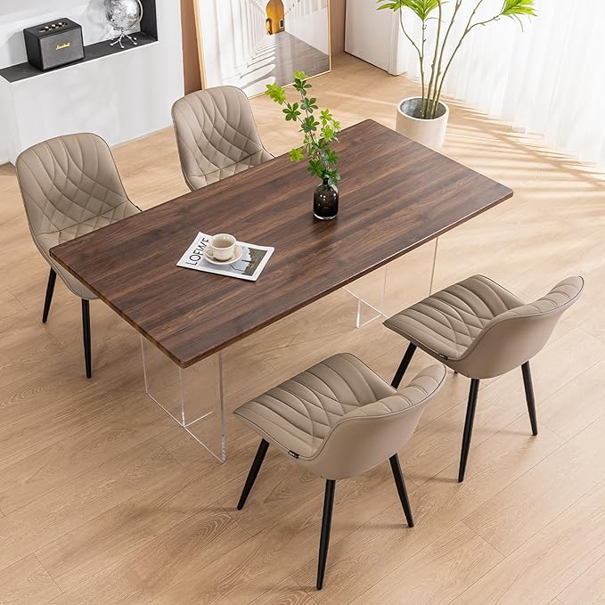 YOUNUOKE Dining Chairs Set of 2 Mid Century Modern Kitchen Chair Comfortable Upholstered Faux Leather Dinner Chairs for Kitchen Dining Room, Khaki - LeafyLoom