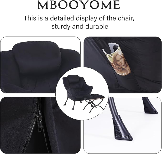 Lazy Chair with Ottoman, Modern Accent Chair Contemporary Lounge Leisure Upholstered Sofa Chair Set with Armrests, Reading Chair for Living Room, Bedroom, Office, Black - LeafyLoom