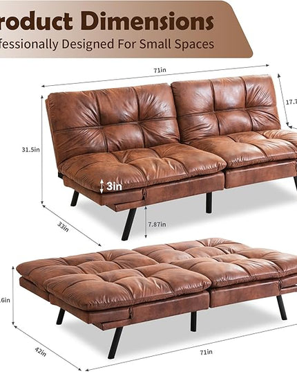 Futon Sofa Bed, Memory Foam Futon Sleeper Sofa Loveseat Convertible Couch Bed for Small Compact Living Spaces,Apartment,Brown Leather - LeafyLoom