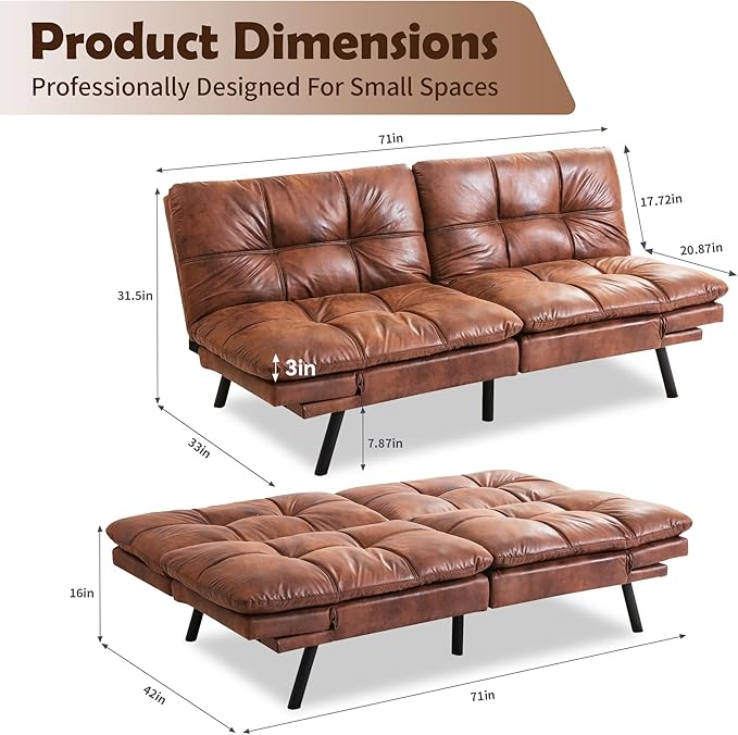 Futon Sofa Bed, Memory Foam Futon Sleeper Sofa Loveseat Convertible Couch Bed for Small Compact Living Spaces,Apartment,Brown Leather - LeafyLoom