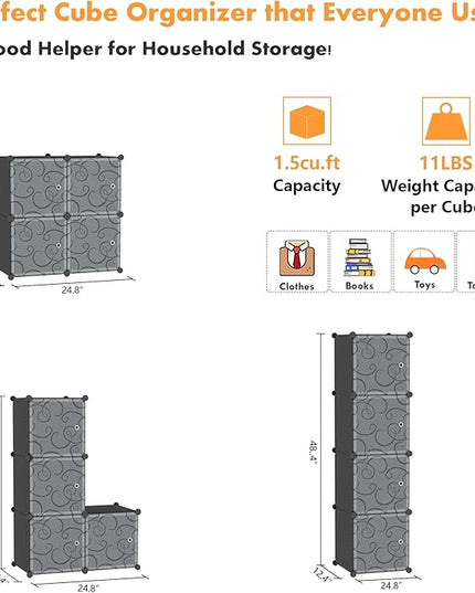 C&AHOME Cube Storage Organizer with Doors, 4-Cube Shelves, Closet Cabinet, DIY Plastic Modular Bookshelf Ideal for Bedroom, Living Room, 24.8" L x 12.4" W x 24.8" H Black SHS04B-DOOR - LeafyLoom