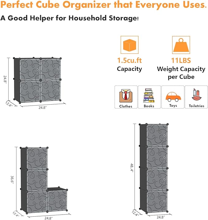 C&AHOME Cube Storage Organizer with Doors, 4-Cube Shelves, Closet Cabinet, DIY Plastic Modular Bookshelf Ideal for Bedroom, Living Room, 24.8" L x 12.4" W x 24.8" H Black SHS04B-DOOR - LeafyLoom