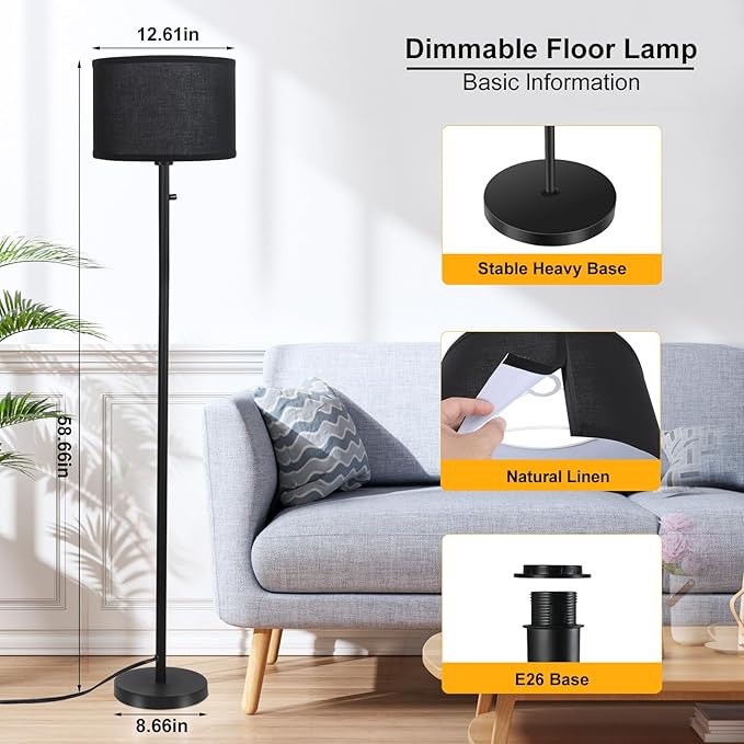 Floor Lamps for Living Room, Stepless Dimmable Standing Lamp, Modern Floor Lamp with Rotary Switch, Black Linen Shade, 9W Led Bulb Included(1000LM,2700K), Tall Lamp for Bedroom, Office, Farmhouse - LeafyLoom