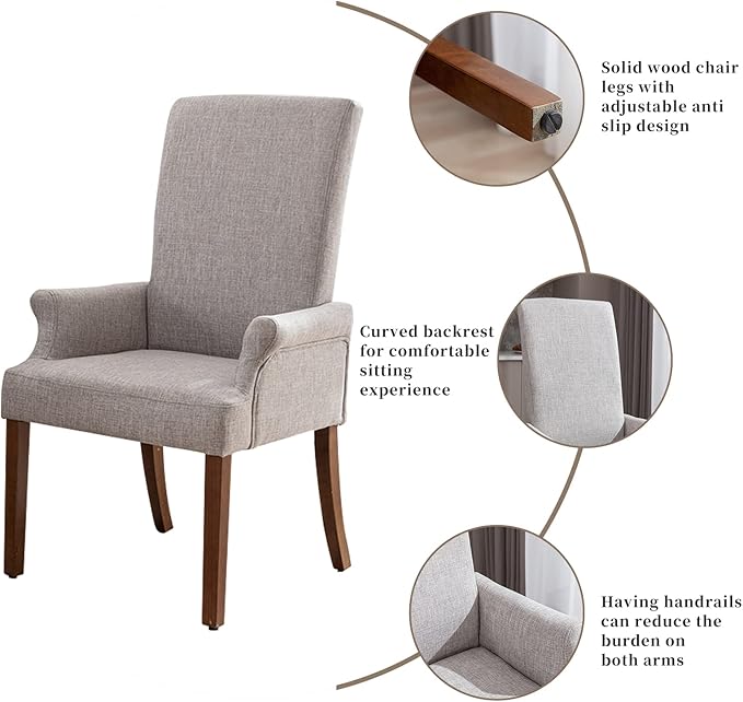 Dining Room Chairs with Arms，Tufted Upholstered High Back Nailed Trim with Untique Oak Wood Legs for Kitchen Restaurant Room Bedroom (Light Gray, SingleA) - LeafyLoom