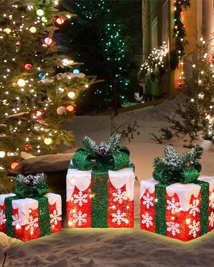 [Large 10"x8.5"x6.5" Christmas Set of 3 Lighted Gift Boxes Decorations Pre-lit 70 Super-Bright LED with Flashers,for Indoor Outdoor Christmas Tree Skirt Ornament Pathway Holiday Party Home GLOWNOVA