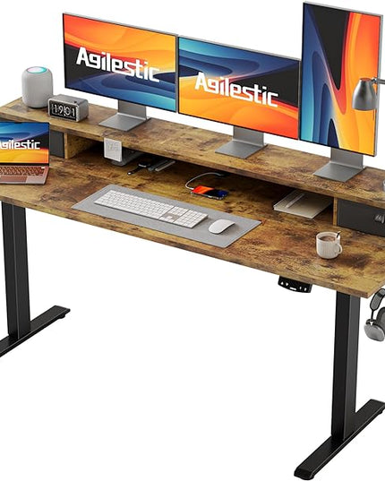 63 x 24 Inches Height Adjustable Electric Standing Desk with 2 Drawers, Stand Up Electric Desk Adjustable Height, Sit Stand Computer Gaming Table with Splice Board, Rustic Brown - LeafyLoom
