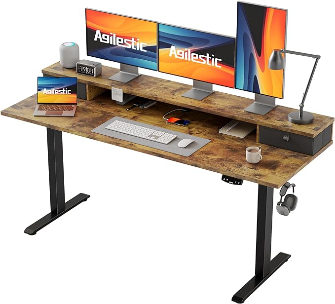 63 x 24 Inches Height Adjustable Electric Standing Desk with 2 Drawers, Stand Up Electric Desk Adjustable Height, Sit Stand Computer Gaming Table with Splice Board, Rustic Brown - LeafyLoom