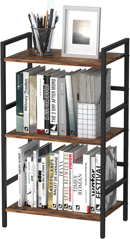 CADUKE 3 Tier Bookshelf Industrial Small Bookcase Wood and Metal Book Shelf Rustic Etagere Bookshelf Brown Bookshelves with Storage for Home Office Living Room Bedroom - LeafyLoom