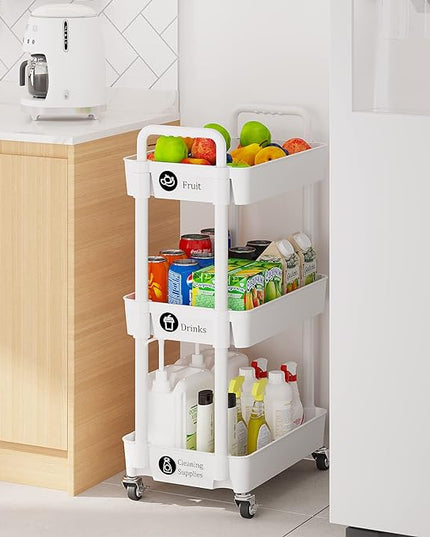 3-Tier Storage Cart,Multifunction Kitchen Storage Organizer,Mobile Shelving Unit Utility Rolling Cart with Lockable Wheels for Bathroom,Laundry,Living Room,With Classified Stickers,White - LeafyLoom