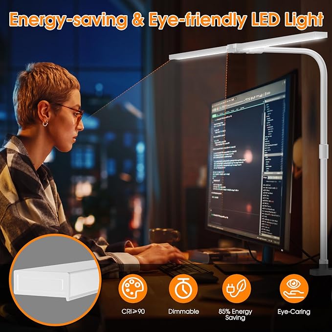 LED Desk Lamp for Home Office- 24W Double Head Desk Light with clamp, 5 Lighting Modes, 11 Brightness Levels, Adjustable Gooseneck Lamp with Timer- White - LeafyLoom