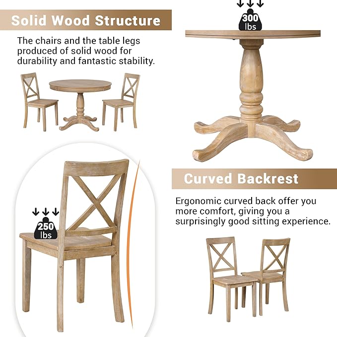 NicBex Round Dining Table Set for 4 Kitchen & Dining Room Tables Modern Dining Table Set for 4, Round Table and 4 Kitchen Room Chairs for Dining Room, Dinette, Breakfast Nook, Natural Wood Wash - LeafyLoom