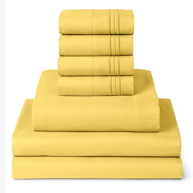 Mellanni Split King Sheets Set - 7 PC Iconic Collection Bedding Sheets & Pillowcases - Ultra Soft, Cooling Bed Sheets - Deep Pocket up to 16 inch - 7 PC (Split King, Yellow w/Extra Pillow Cases) - LeafyLoom