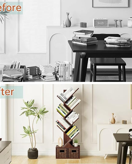 Vagusicc 6 Tier Tree Bookshelf - Retro Shelf Floor Standing Bookcase with Baskets, Tall Wood Book Storage Rack for Books/CDs, Tree Utility Book Organizer Shelves for Living Room, Home Office, Bedroom - LeafyLoom