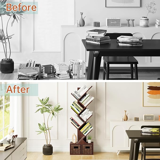 Vagusicc 6 Tier Tree Bookshelf - Retro Shelf Floor Standing Bookcase with Baskets, Tall Wood Book Storage Rack for Books/CDs, Tree Utility Book Organizer Shelves for Living Room, Home Office, Bedroom - LeafyLoom