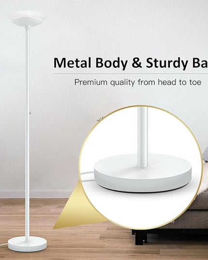 BoostArea Torchiere Floor Lamp, 24W Super Bright LED Standing Lamp, Stepless Dimmable Pole Lamp with 3000K Lighting, Glass Lampshade, 71Inch Tall Metal Modern Floor lamps for Living Room/Bedroom White - LeafyLoom