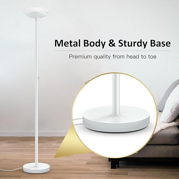 BoostArea Torchiere Floor Lamp, 24W Super Bright LED Standing Lamp, Stepless Dimmable Pole Lamp with 3000K Lighting, Glass Lampshade, 71Inch Tall Metal Modern Floor lamps for Living Room/Bedroom White - LeafyLoom