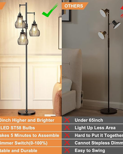 Dimmable Floor Lamp, 3 x 800LM LED Edison Bulbs Included, Farmhouse Industrial Floor Lamp Standing Tree Lamp with Elegant Cage Tall Lamps for Living Room Bedroom Office - Black - LeafyLoom