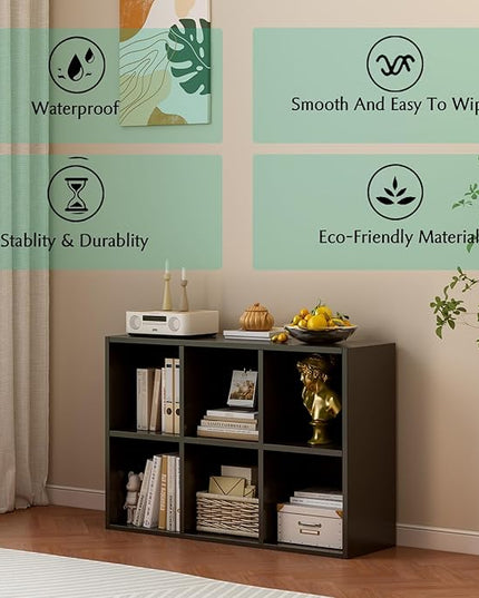 6-Cube Storage Shelf Bookcase - Wooden 3-Tier Floor Standing Open Bookshelf for Home and Office, Display Cabinet, Black - LeafyLoom