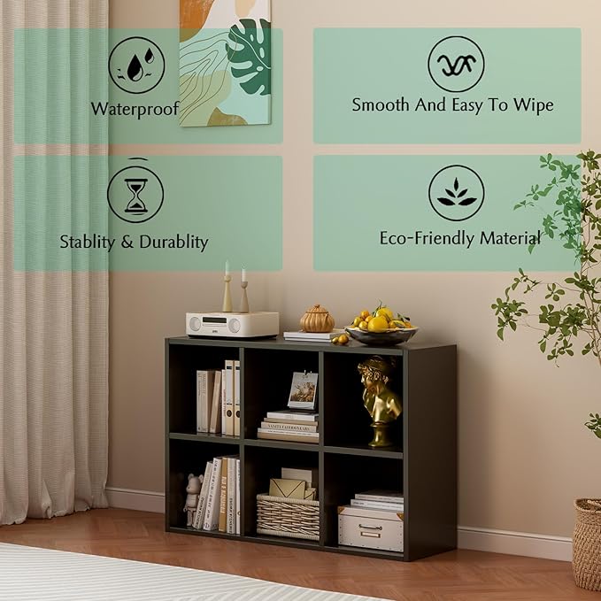 6-Cube Storage Shelf Bookcase - Wooden 3-Tier Floor Standing Open Bookshelf for Home and Office, Display Cabinet, Black - LeafyLoom