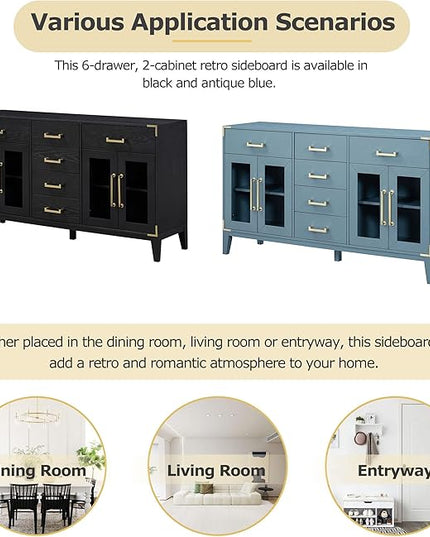 60" Retro Sideboard with 6-Drawer and 2-Cabinet,Multifunctional Buffet,w/Gold Handles & Solid Wood Legs,Extra Large Storage Space,for Kitchen and Living Room,Black - LeafyLoom