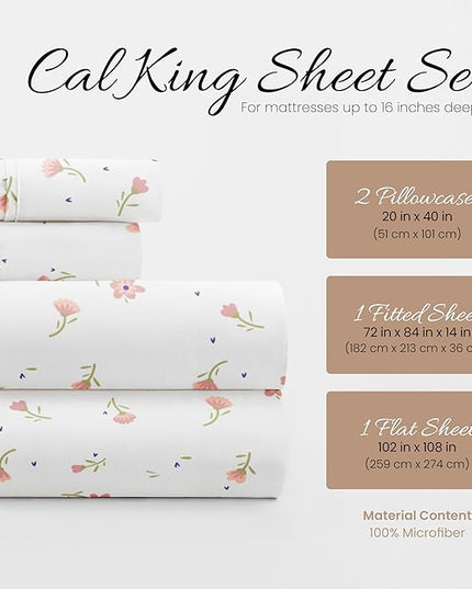 Linen Market 4 Piece California King Bedding Sheet Set (Pink Floral) - Sleep Better Than Ever with These Ultra-Soft & Cooling Bed Sheets for Your Cal King Size Bed - Deep Pocket Fits 16" Mattress - LeafyLoom
