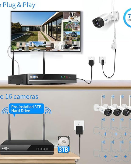 Hiseeu 5MP WiFi Security Camera System Outdoor,12Pcs 16CH NVR Camera Surveillance System,Color Night Vision, Spotlight& Siren Alarm,2-Way Audio,3TB HDD for 24/7 Recordings Hiseeu