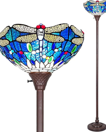 Capulina Tiffany Torchiere Floor Lamp Industrial Dark Bronze Pole Sea Blue Dragonfly Style Stained Glass Standing Light for Living Room Bedroom Home Office - LeafyLoom