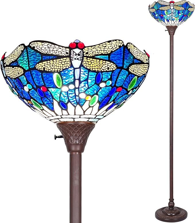 Capulina Tiffany Torchiere Floor Lamp Industrial Dark Bronze Pole Sea Blue Dragonfly Style Stained Glass Standing Light for Living Room Bedroom Home Office - LeafyLoom