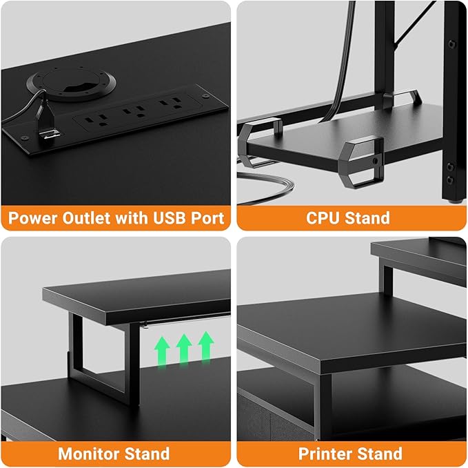 Unikito Reversible L Shaped Computer Desk with Fabric File Drawers, 70.8" Large Office Corner Desk with RGB LED Lights & Power Outlets & Monitor Stand & CPU Stand, Sturdy L Shape Gaming Desk, Black - LeafyLoom