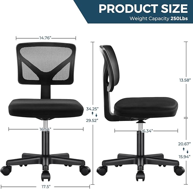 Home Office Computer Desk Chair Mid Back Armless Ergonomic Office Chair Mesh Office Chair with Lumbar Support Height Adjustable Swivel Task Rolling Modern Chair with Wheels for Office,Living Room - LeafyLoom