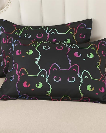 ENCOFT Kids Bedding Set Cat Comforter Set Full for Girls and Boys 3 Piece Cartoon Bed Set Black Comfortable and Breathable All Season for Teens and Adults Room Decor with 1 Comforter and 2 Pillowcases - LeafyLoom