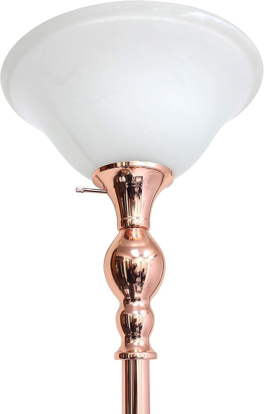 Elegant Designs LF2001-RGD 1 Light Torchiere Marbleized White Glass Shade Floor Lamp, Rose Gold - LeafyLoom