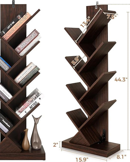 BATHWA Set of 2 Tree Bookshelves, Double 8 Shelf Tree Bookcases, Narrow I Shaped Book Shelves for Home Office, Rustic Wood Open Shelf Organizer Racks for Book CDs Magazines - LeafyLoom