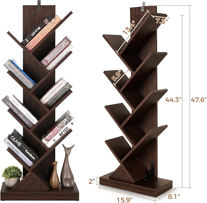 BATHWA Set of 2 Tree Bookshelves, Double 8 Shelf Tree Bookcases, Narrow I Shaped Book Shelves for Home Office, Rustic Wood Open Shelf Organizer Racks for Book CDs Magazines - LeafyLoom