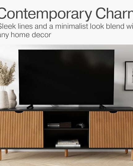 Contemporary Fluted TV Stand - Media Console - 70” Entertainment Center Console Table with Storage for Living Room - Fits 32 to 80" TVs (Black and Oak) - LeafyLoom