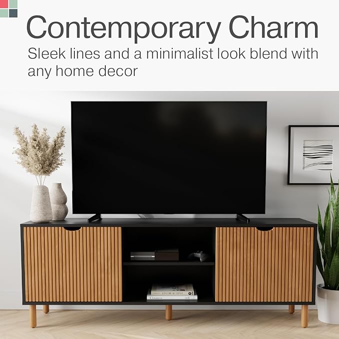 Contemporary Fluted TV Stand - Media Console - 70” Entertainment Center Console Table with Storage for Living Room - Fits 32 to 80" TVs (Black and Oak) - LeafyLoom