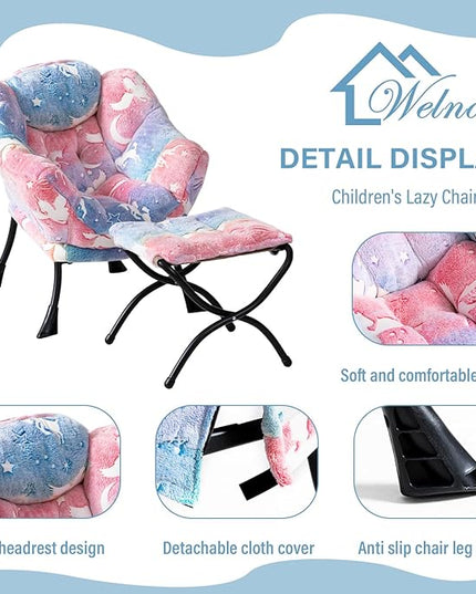 Welnow Toddler Kids Lazy Chair with Ottoman, Glow in The Dark Accent Comfy Lounge Children Armchair Couch with Removable Cover, Detachable Reading Chair with Footrest for Boy or Girl - LeafyLoom
