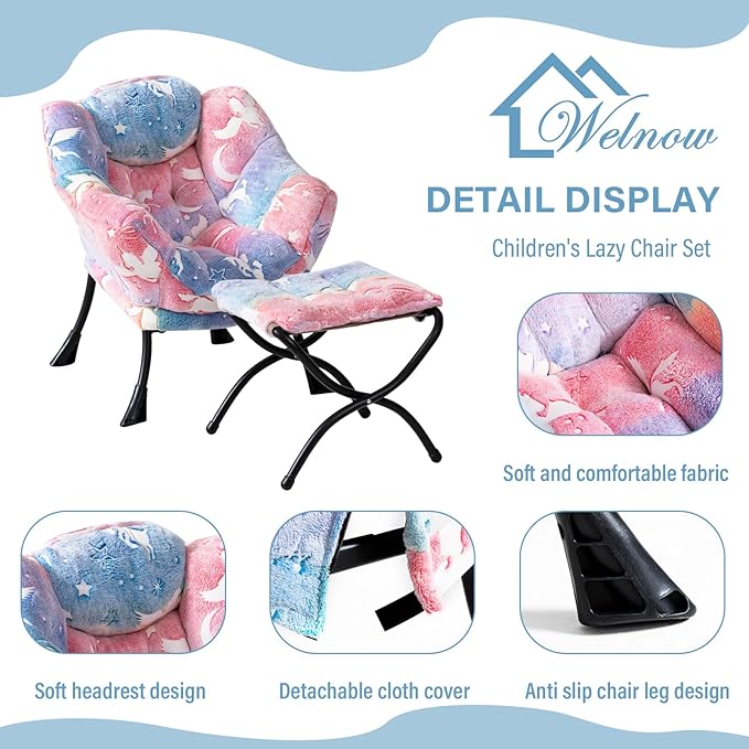 Welnow Toddler Kids Lazy Chair with Ottoman, Glow in The Dark Accent Comfy Lounge Children Armchair Couch with Removable Cover, Detachable Reading Chair with Footrest for Boy or Girl - LeafyLoom