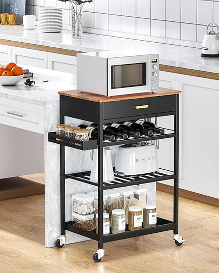 TOOLF Kitchen Island Cart with Drawer, Rolling Kitchen Service Cart with Wooden Tabletop, 3-Tier Storage Cart on Wheels, Storage Trolley Cart with Hooks for Kitchen, Dining Room - LeafyLoom