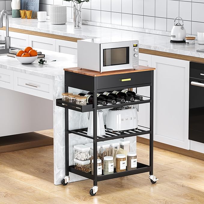 TOOLF Kitchen Island Cart with Drawer, Rolling Kitchen Service Cart with Wooden Tabletop, 3-Tier Storage Cart on Wheels, Storage Trolley Cart with Hooks for Kitchen, Dining Room - LeafyLoom