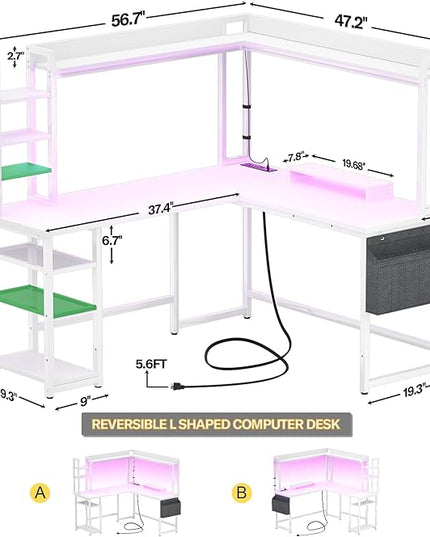 Aheaplus L Shaped Desk with Power Outlet, L Shaped Gaming Desk with Led Light & Hutch, Reversible Home Office Desk, Corner Computer Desk Writing Desk with Monitor Stand & Storage Shelves, White - LeafyLoom